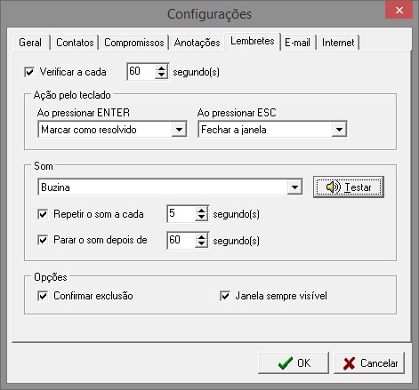Configurações de lembretes